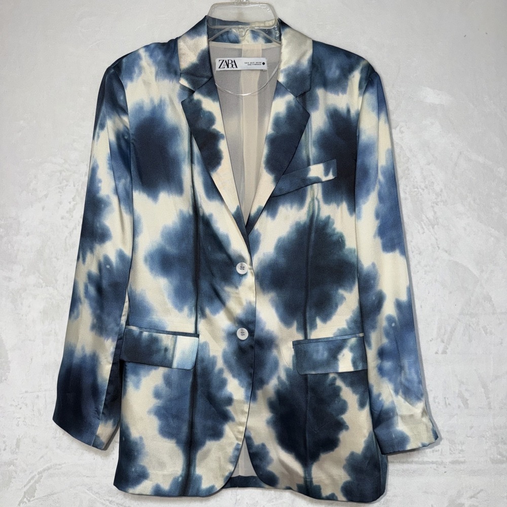 Zara Tie-dye satin Silky blazer Size S Kid Length Lined City Designer Festival